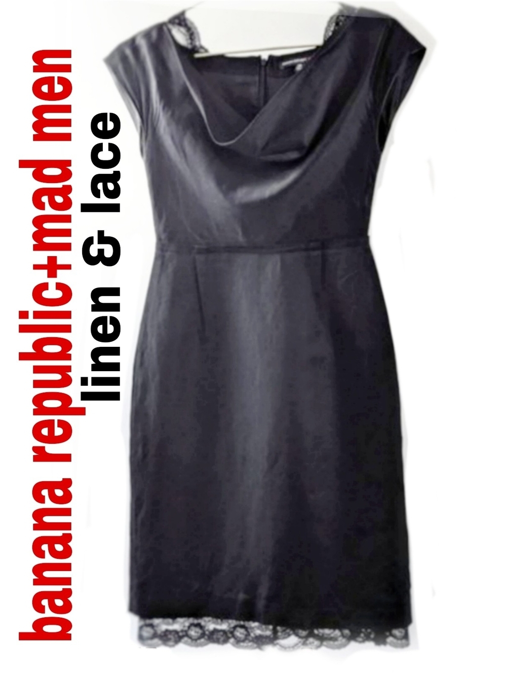 Banana Republic Madmen 1960s Style Black Linen Blend  & Lace Sheath Dress